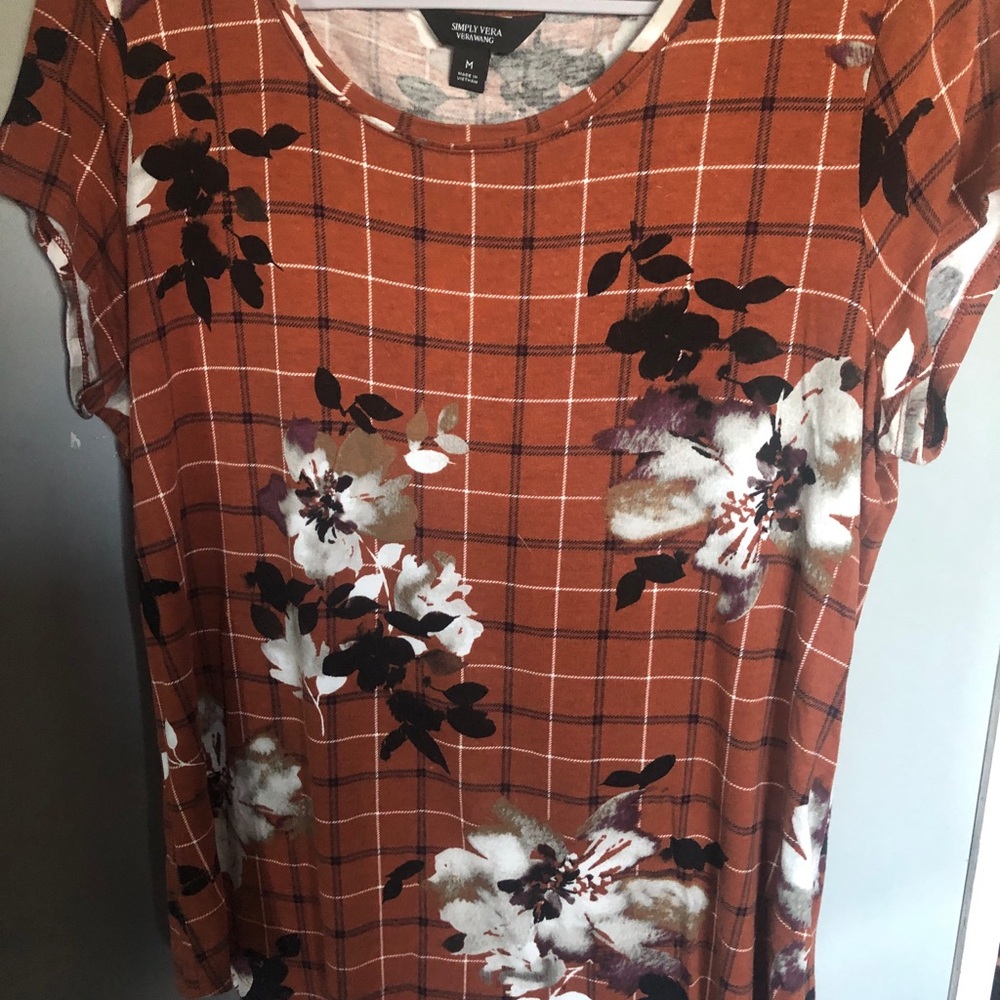 Simply Vera Vera Wang RUST Plaid Floral Short Sleeve Tee